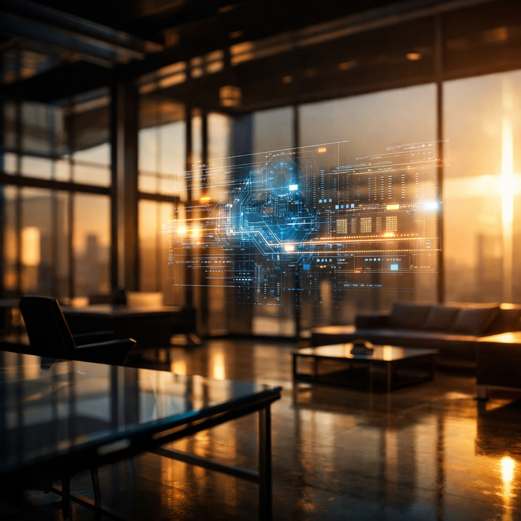 Futuristic workspace with holographic interface